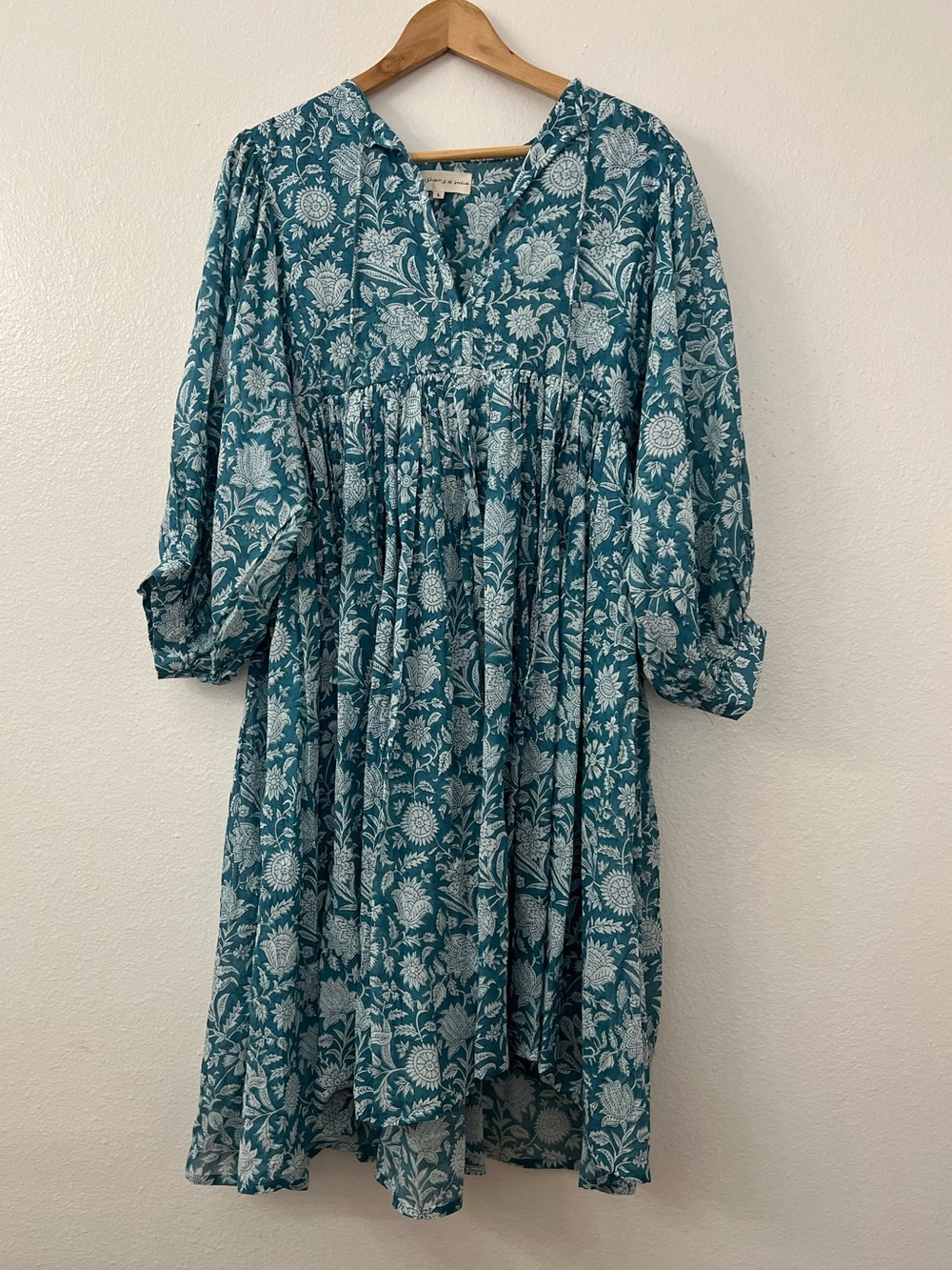 Daughters of India Teal Floral Tiered Boho Dress